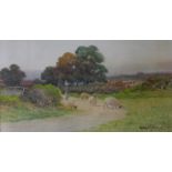 George Oyston, rural landscape with sheep on a lane, 17 x 32cms,