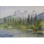 David Charlesworth, The Three Sisters, Canadian Rockies, pen, ink and watercolour, 34 x 48cms,