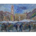 Luciano Albertini (1910 - 1985), Piazza Erbe, Verona, acrylic on panel, 38 x 48cms,