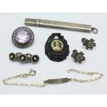 A silver pencil holder, a hallmarked Scottish silver brooch, Candida brooch, earrings,