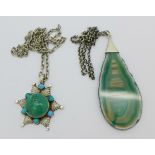 A silver and turquoise set pendant and chain and a silver and agate pendant and chain