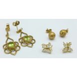 Three pairs of earrings, two marked 9ct gold, total weight 3.