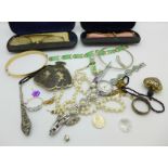 A pearl necklace, two pairs of pince nez glasses, etc.