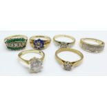 Six 9ct gold and stone set rings including diamond, one lacking stones, 16.