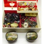 Costume jewellery and two hand decorated boxes in a musical jewellery box, 1.
