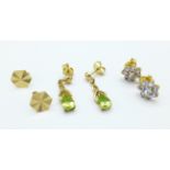 Three pairs of earrings;- two 9ct gold, 3.