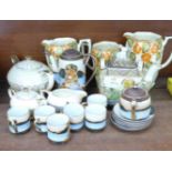 A Sadler teapot, sugar and cream, an oriental tea service and three graduated jugs, etc.