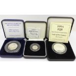 Three silver proof coins, including 1994 Fiji Queen Mother Lady of the Century £5 coin,