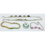 Four silver and stone set bracelets and a 925 silver pendant set with emeralds and a ruby