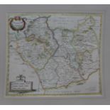 A 17th Century Robert Morden hand coloured engraved map, Leicestershire, 36 x 42cms,