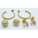 Three pairs of earrings; 14ct gold studs, 1.9g, and two 9ct gold, 4.