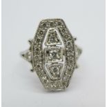 An 18ct white gold and diamond coffin shaped ring, grain set with twenty-five round cut diamonds,