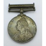 A Queen's South Africa medal with 'Defence of Kimberly' bar to Pte. F.C.J.H.