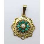 A 9ct gold, turquoise and pearl pendant, 2.