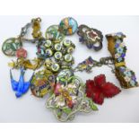 A silver and enamel bracelet with five fish panels set with coral eyes, a bluebird brooch, a/f,