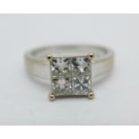 An 18ct white gold square ring set with four princess cut diamonds, approximate diamond weight 1.