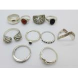 Ten silver rings including one marked COF,