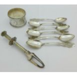 Six continental spoons and a silver napkin ring,