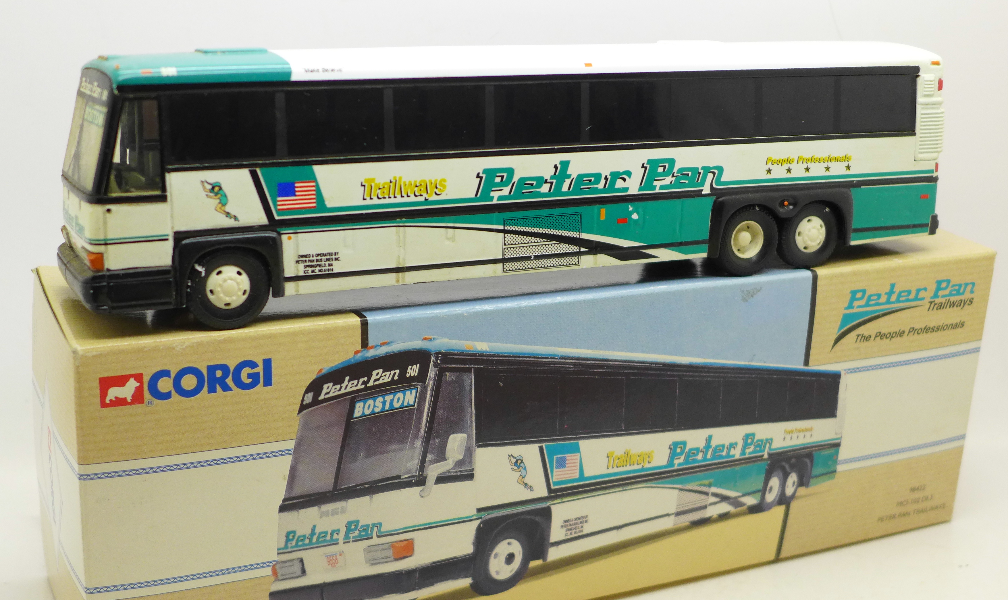 A Corgi Peter Pan Trailways die-cast model bus, 98422, and a die-cast Wallace Arnold coach, - Image 2 of 3