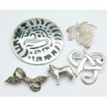 Five silver brooches including 'collie' dog