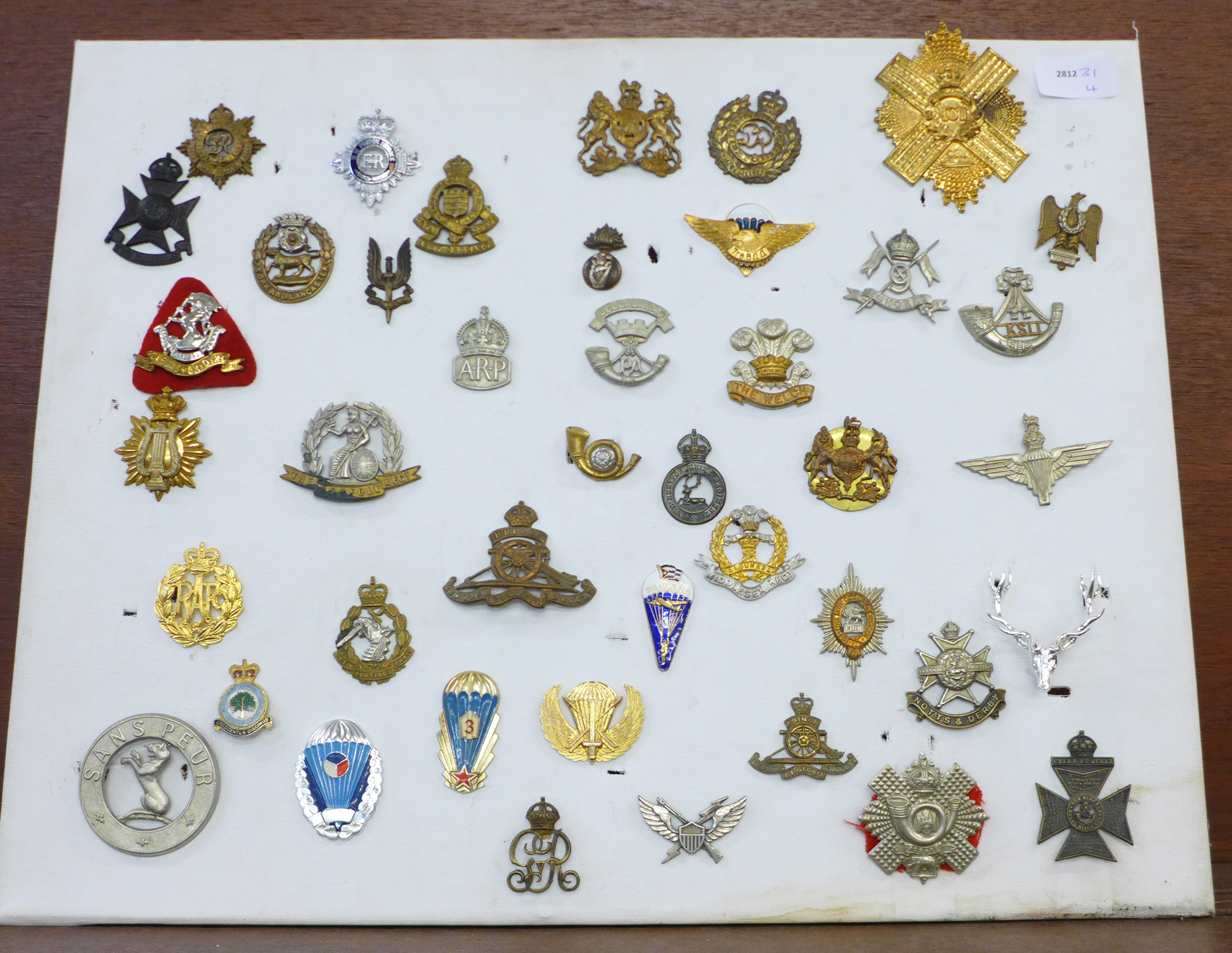 A collection of mainly British military badges including one Notts & Derby