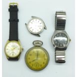 Four watches; Citizen, Rover, Seiko wristwatches and Westclox pocket watch,