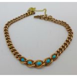 A yellow metal and turquoise bracelet, 5.