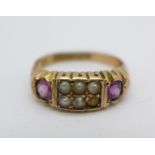 A Victorian 9ct gold, amethyst and seed pearl ring, Birmingham 1876, 2.