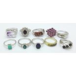 Ten silver and stone set rings