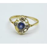 An 18ct gold and platinum set sapphire and diamond ring, 2g,