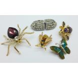 An Art Deco clip and four insect brooches