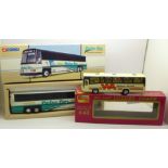 A Corgi Peter Pan Trailways die-cast model bus, 98422, and a die-cast Wallace Arnold coach,