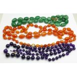 Three hardstone bead necklaces,