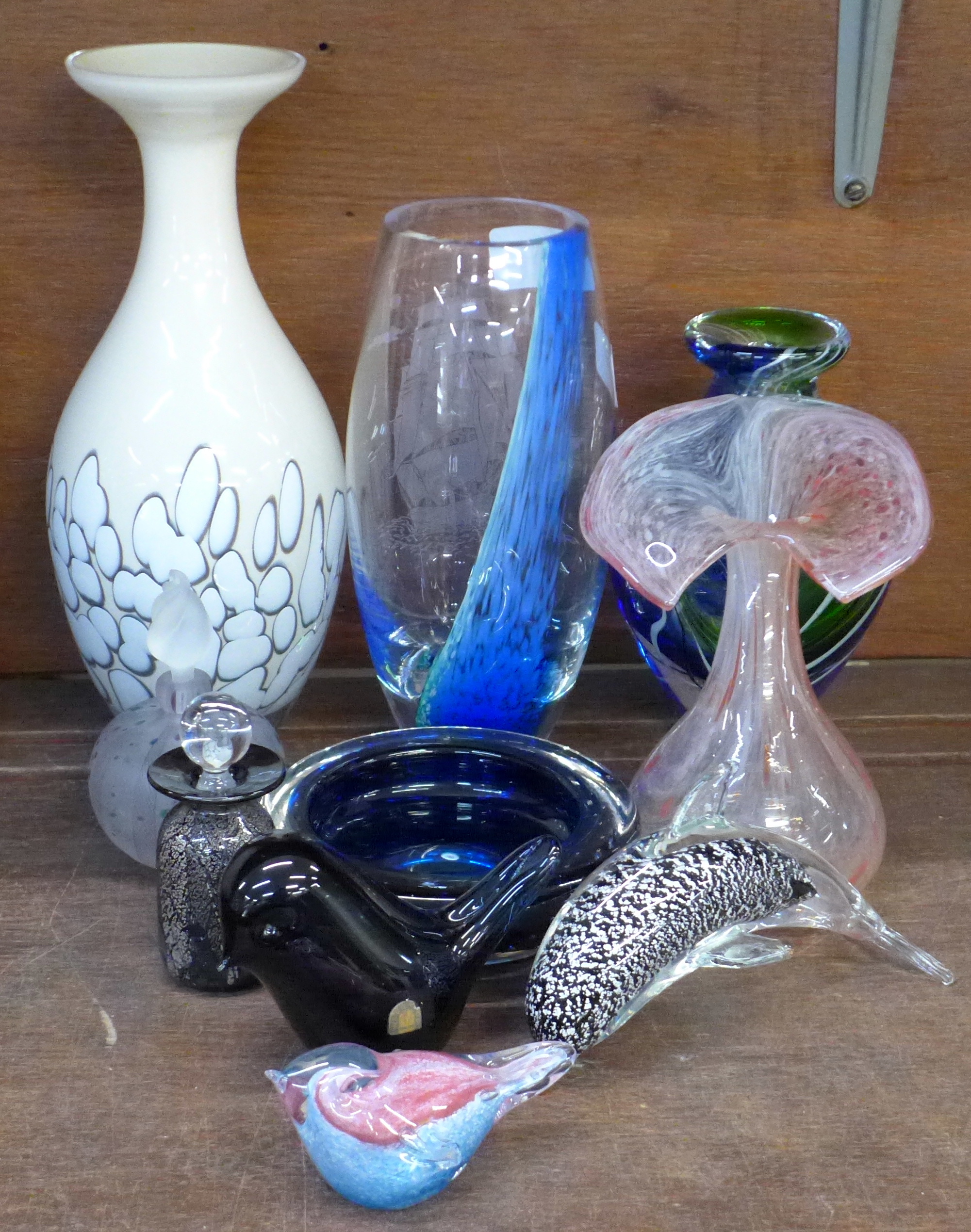 Glass including studio cased vases, perfume bottles, Whitefriars blue dish, Wedgwood bird,