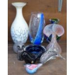 Glass including studio cased vases, perfume bottles, Whitefriars blue dish, Wedgwood bird,