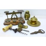 A set of postal scales and weights, a brass inkwell,