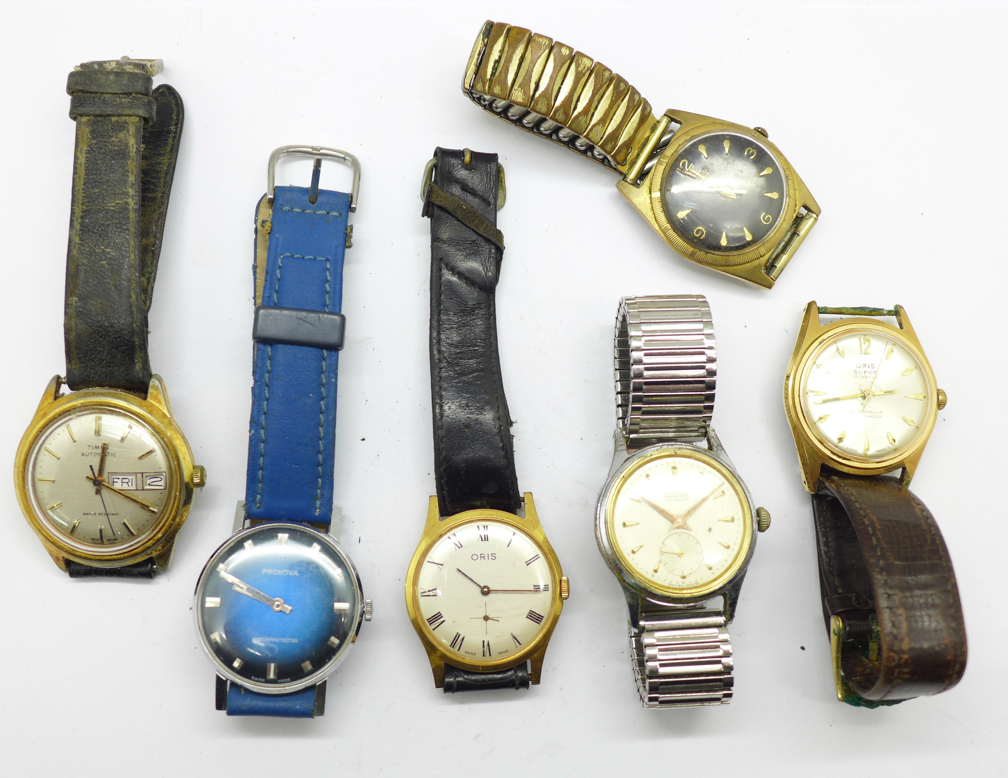 Six wristwatches; Oris x2, Timex automatic, Avia,