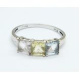 A 9ct gold ring set with morganite, aquamarine and heliodor, 2.