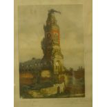 Marcel Augis, Basilique d'Albert, Somme 1915, signed etching, 20 x 14cms,