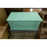 A painted pine box and a steamer trunk