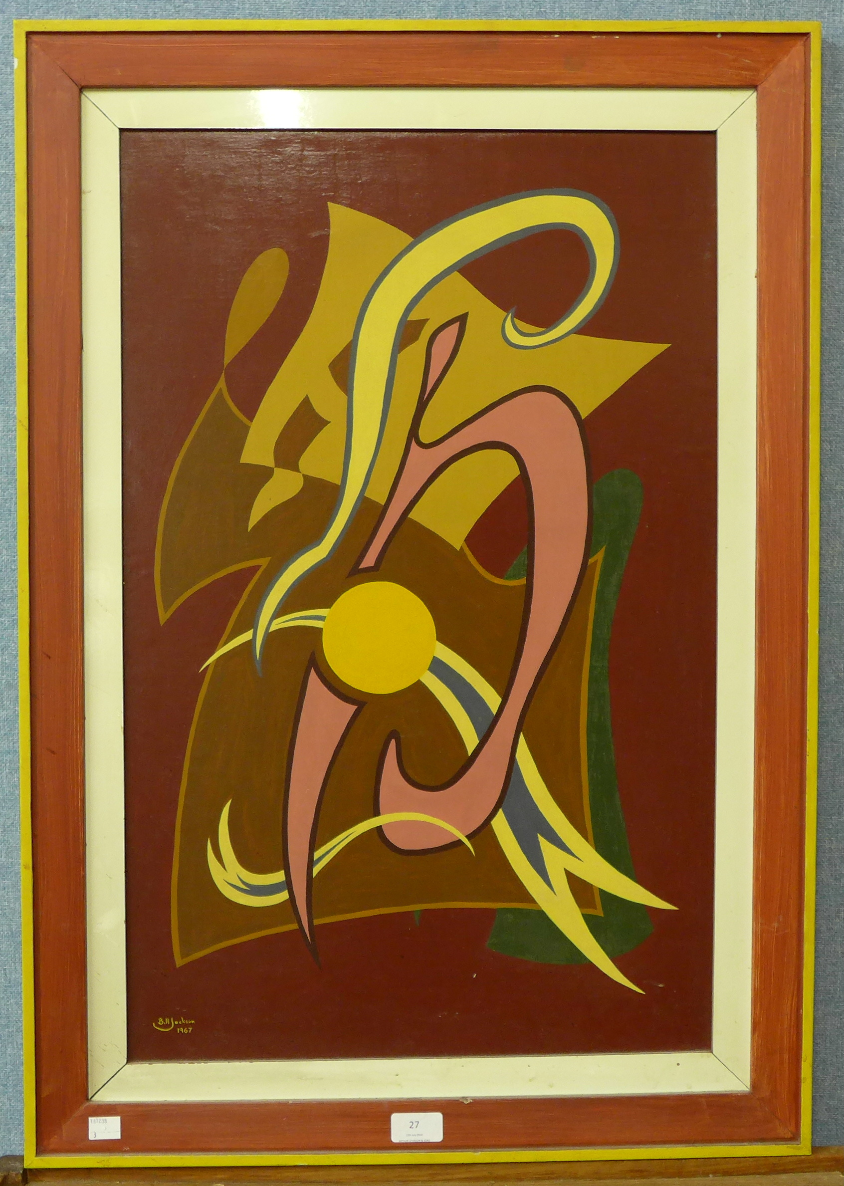 Bill Jackson, abstract oil on panel, dated 1967, 69 x 44cms, - Image 2 of 2