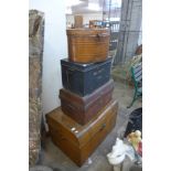 A tin hat box and a deed box and two tin steamer trunks