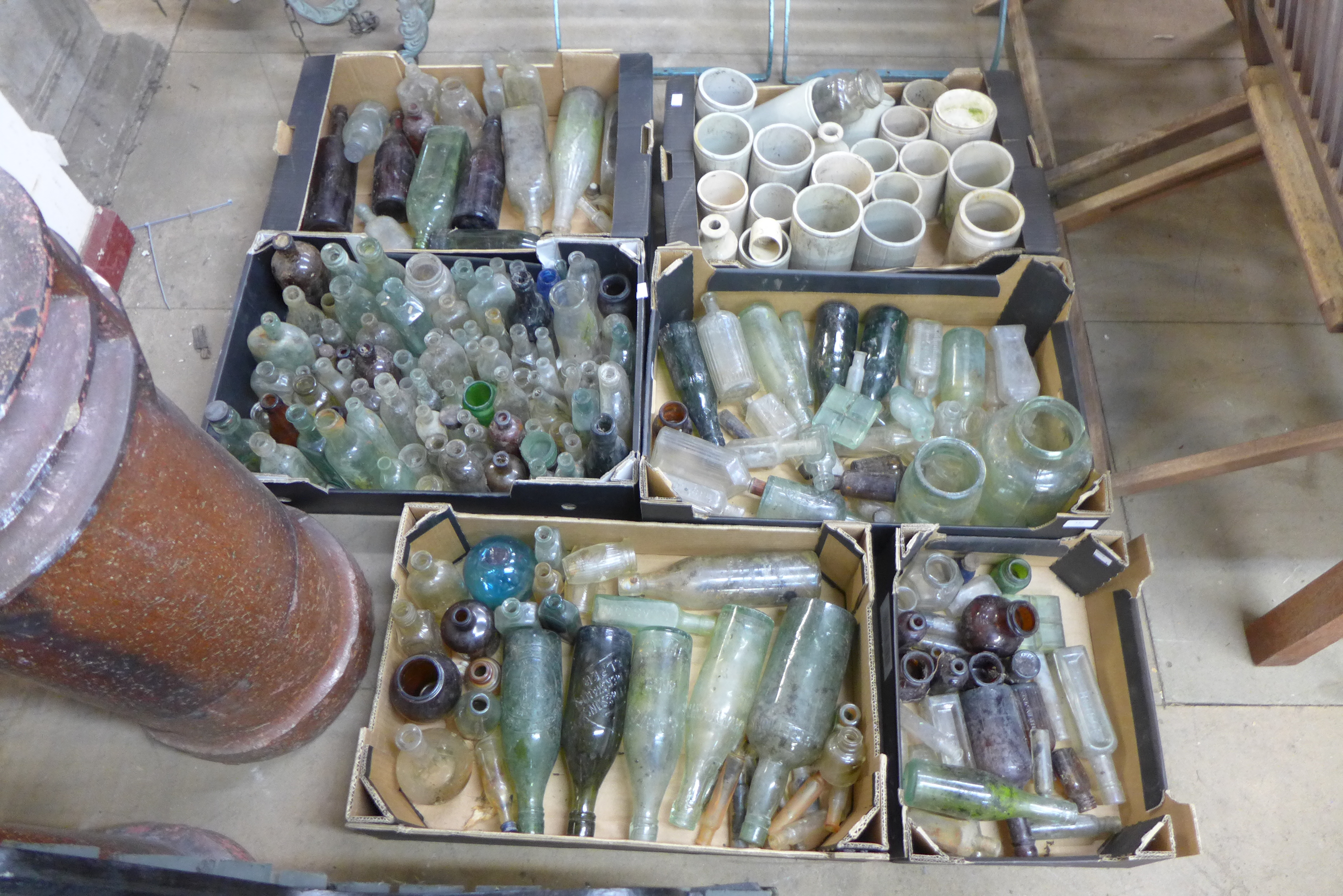 Six boxes of assorted vintage glass bottles, etc.