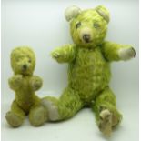A green plush Teddy bear, jointed limbs, 37cm, and one other smaller,