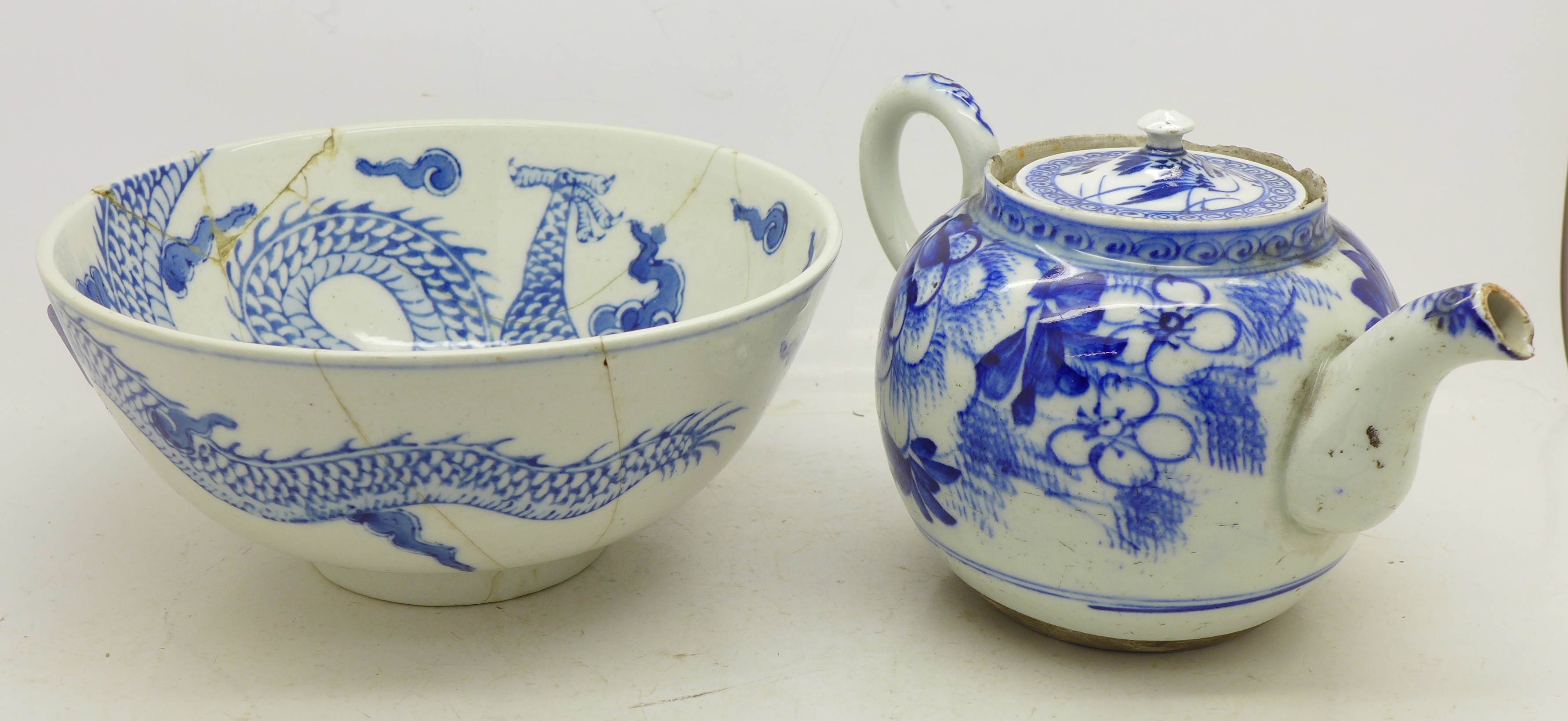 An 18th Century china teapot and a 19th Century china bowl,