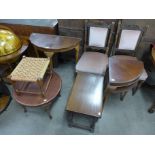 A pair of Edward VII mahogany chairs, two occasional tables,