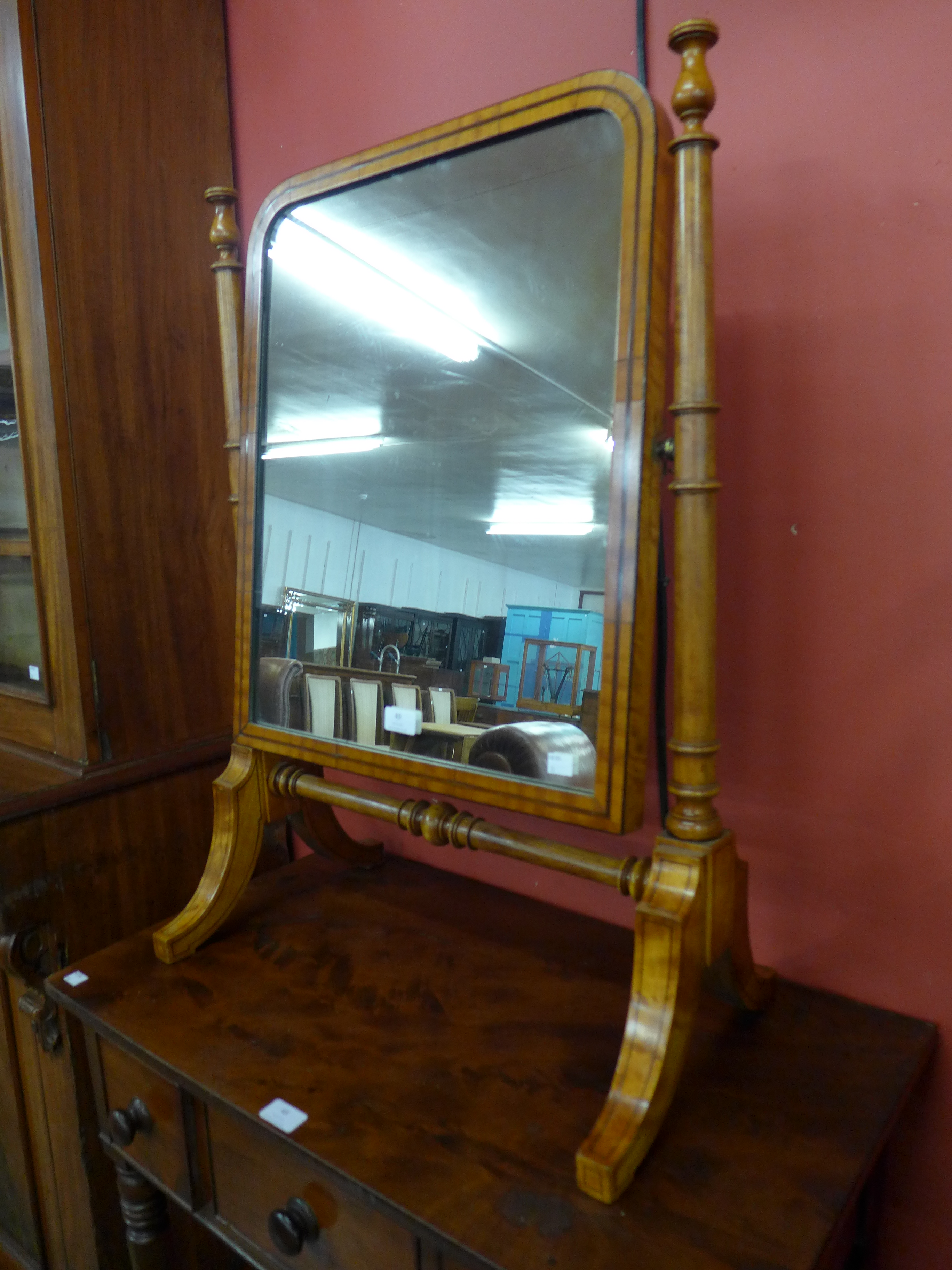 A Victorian Sheriton Revival inlaid satinwood toilet mirror