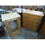 A pine chest of drawers and a pine hifi cabinet