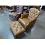 A Laura Ashley brown leather Chesterfield armchair and foot stool