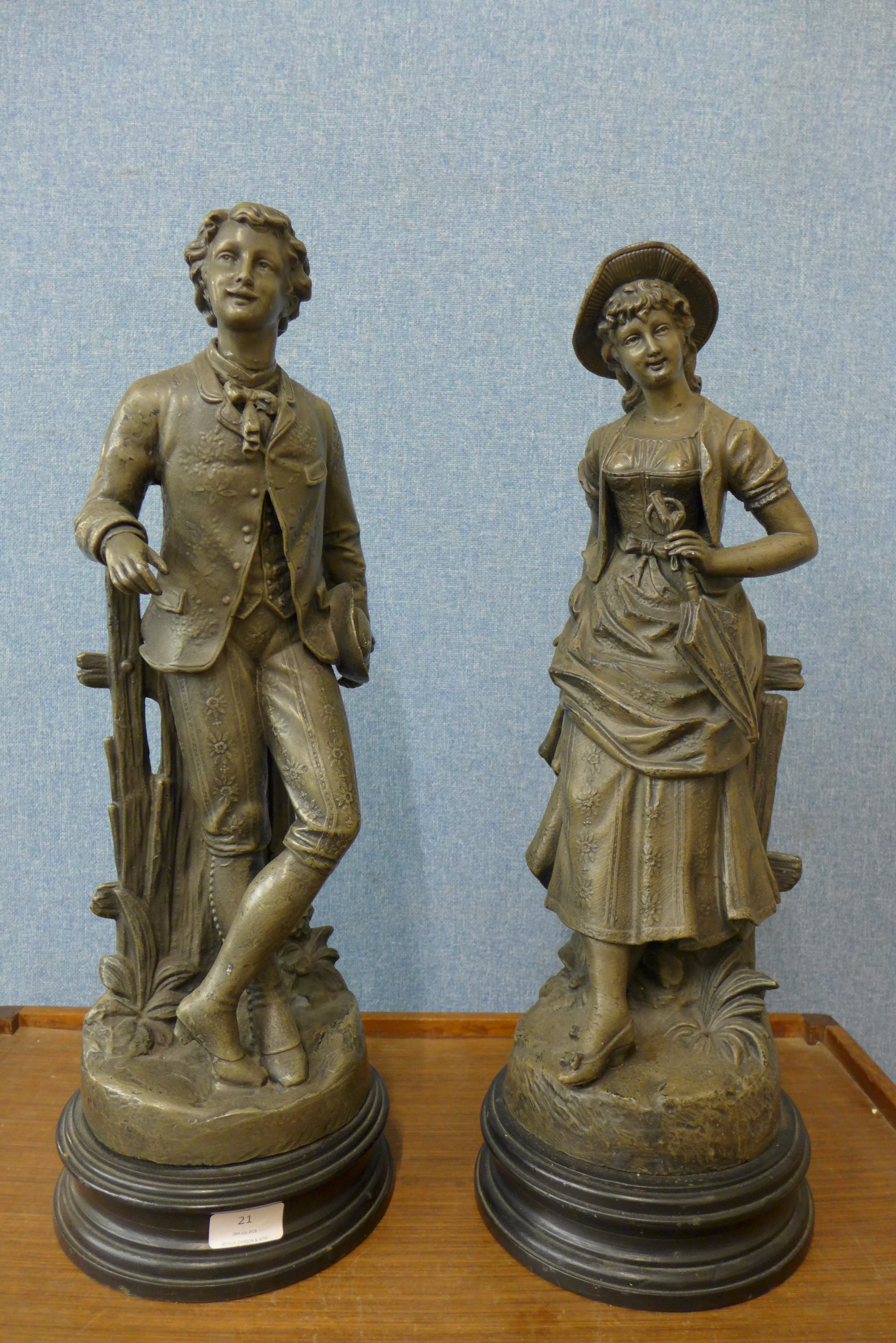 A pair of resin figures of a Victorian lady and gentleman